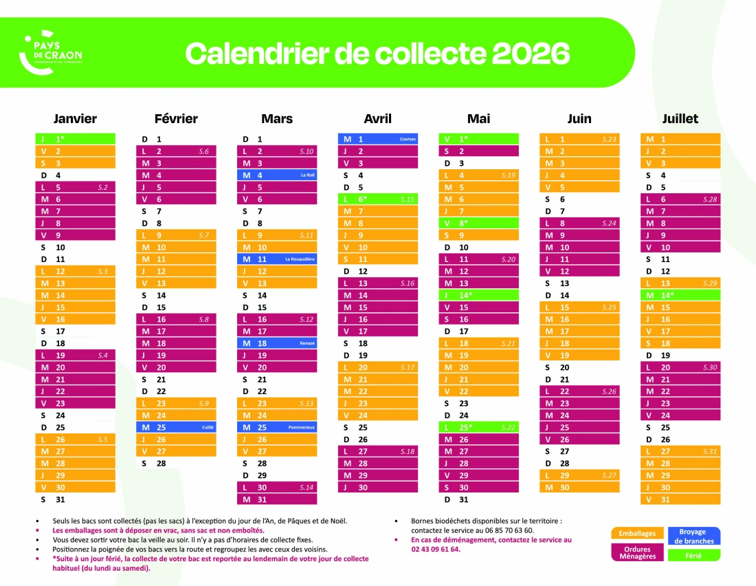 Calendrier 2026 de collecte des déchets