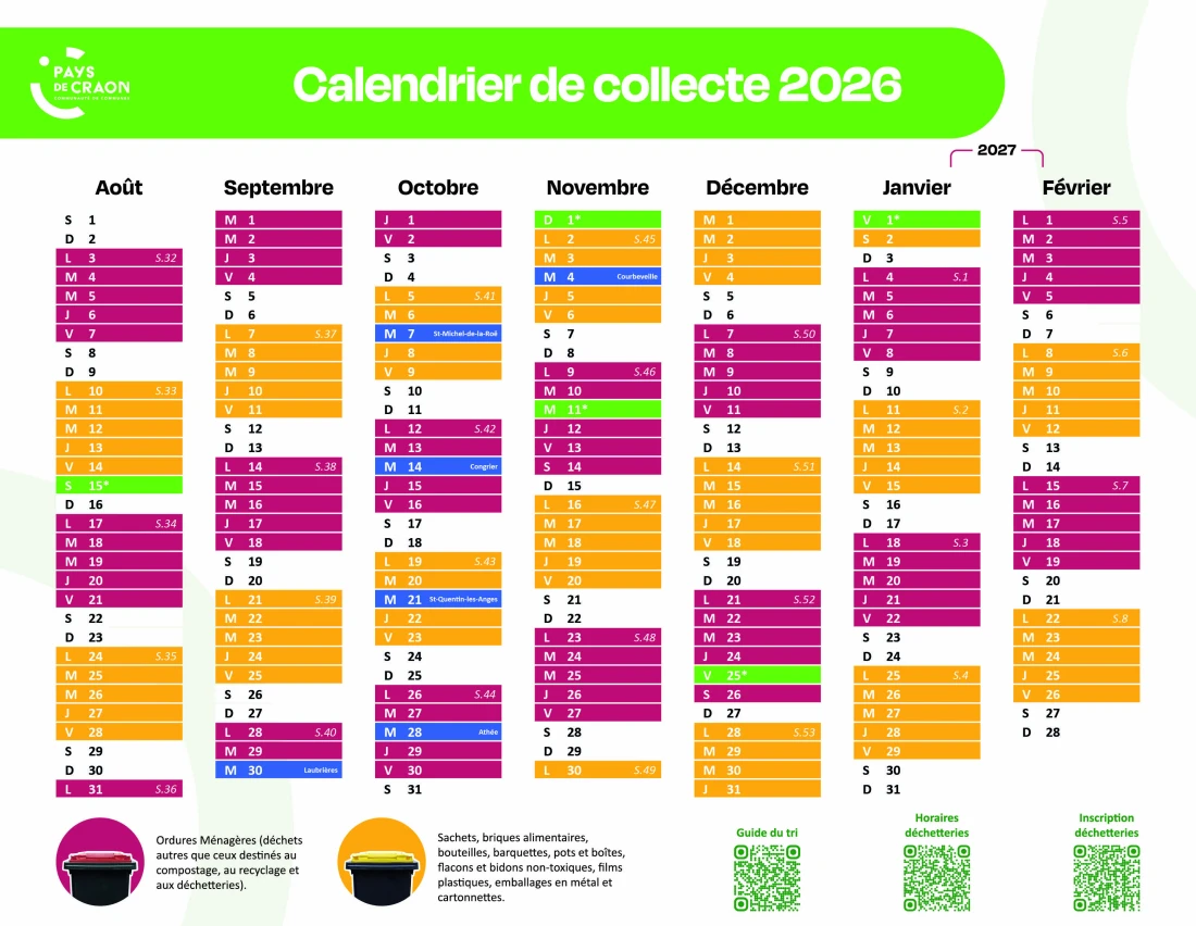 Calendrier 2026 de collecte des déchets