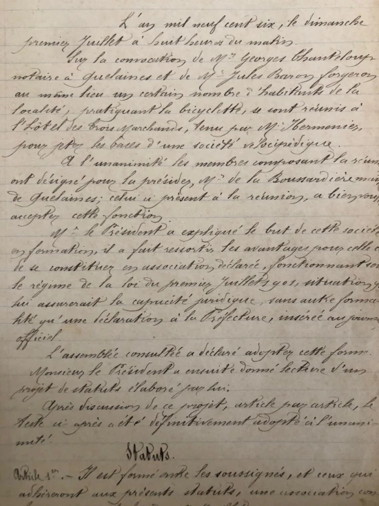 Les statuts de l'Union V&eacute;locip&eacute;dique de Quelaines en 1906
